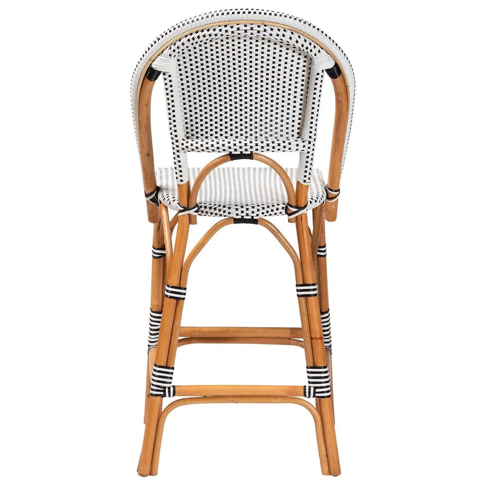 Baxton Studio Genica Bar Stool with Two-Tone Black and White Weaving in Natural Rattan, , large