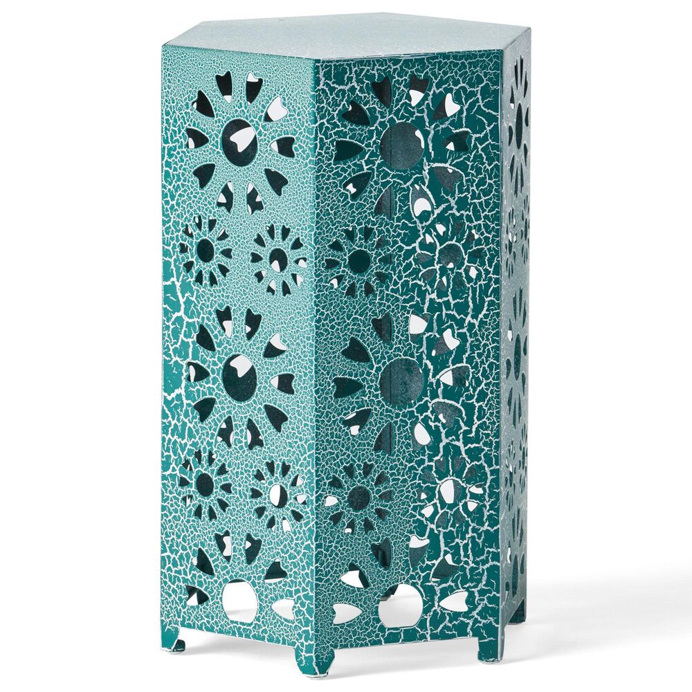 Hearth and Haven Eliana 2-Piece Outdoor Hexagon Metal Side Table Set with Sunburst Cut Out Design in Teal, , large