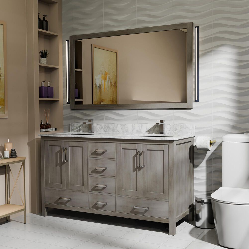 Lexora Home Jacques 60" Double Bathroom Vanity in Distressed Grey with 2 cm White Carrara Marble Top and Rectangular Sinks, , large