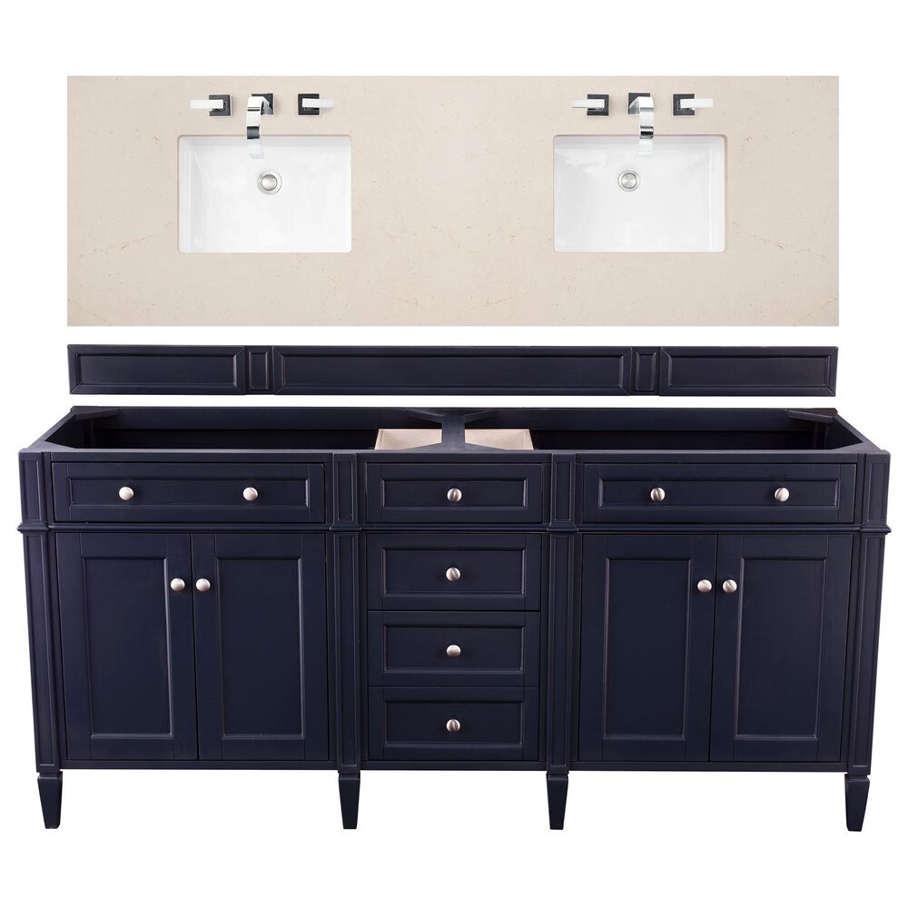 James Martin Vanities Brittany 72" Double Bathroom Vanity in Victory Blue with 3 cm Eternal Marfil Quartz Top and Rectangle Sinks, , large
