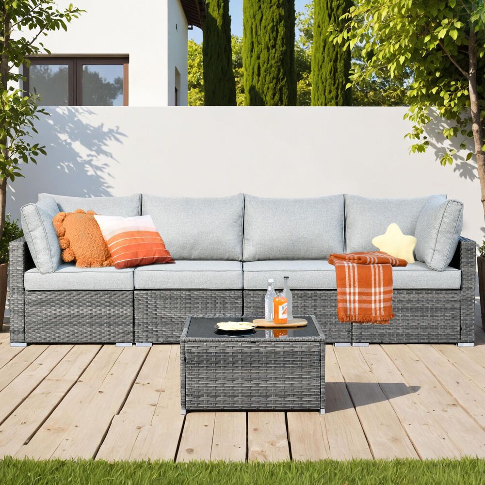 HOMLUX 5-Piece Patio Conversation Set with Grey Wicker in Gray, , large