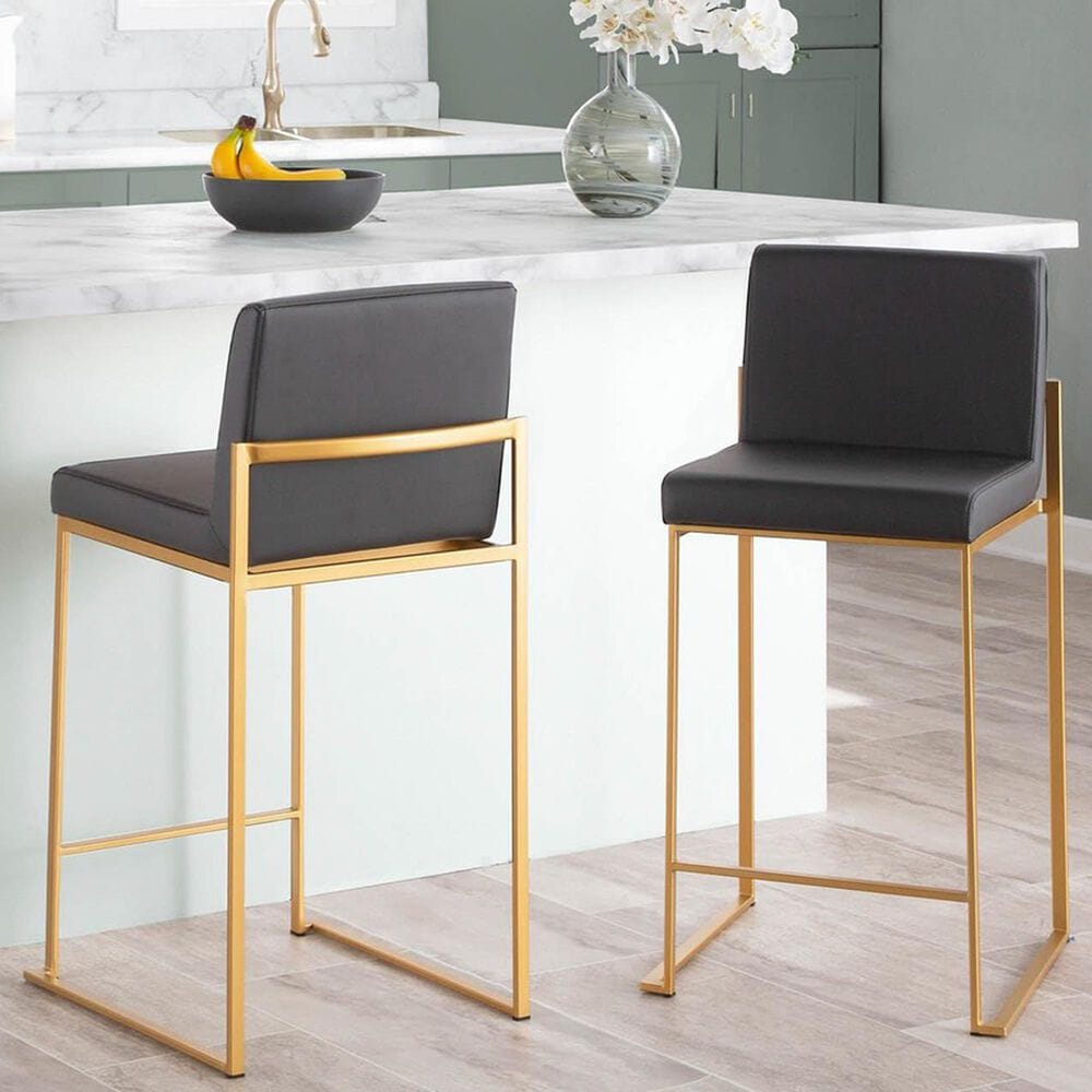 Lumisource Fuji High Back Counter Stool with Grey Faux Leather Cushion in Gold &#40;Set of 2&#41;, , large