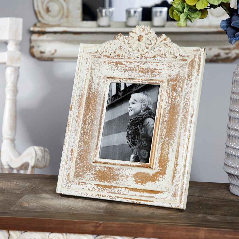 Maple and Jade Vintage Hand-Carved Flower Photo Frame in Whitewashed and Natural Brown, , large