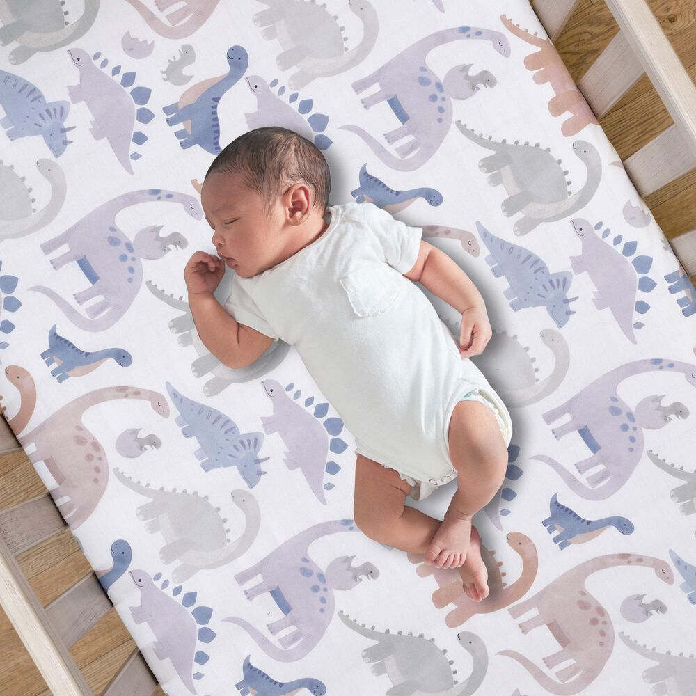Lambs &amp; Ivy Dino-Might Fitted Crib Sheet in White, Gray and Blue, , large
