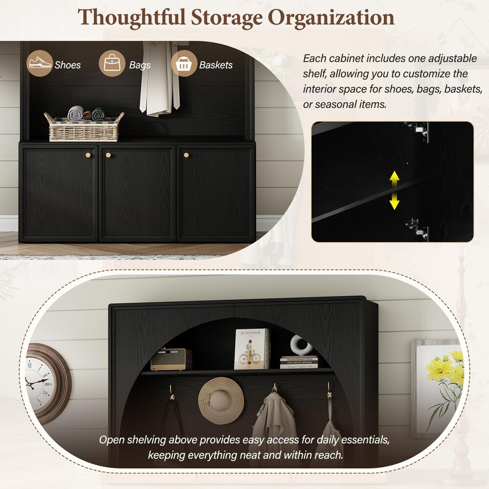 HOMLUX 4-Hook Hall Tree with Entryway Storage Bench in Black, , large