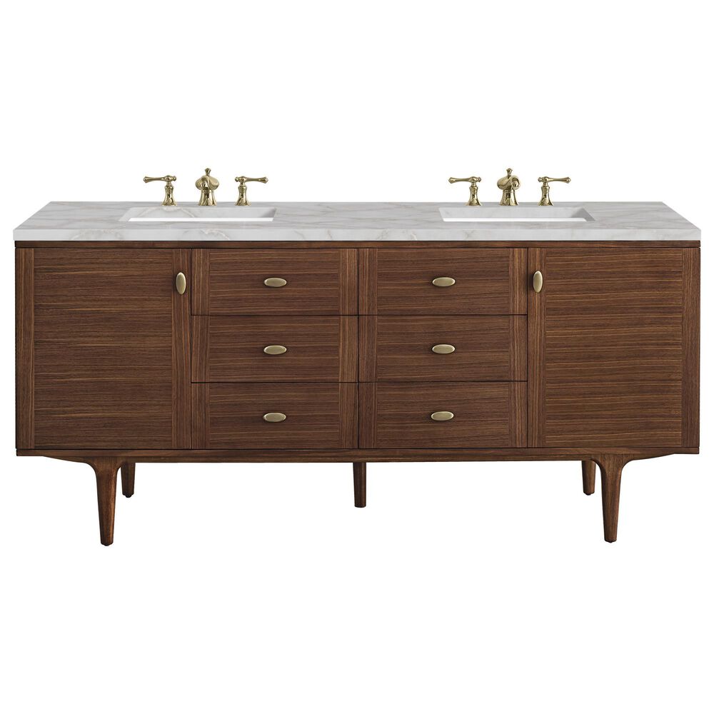 James Martin Vanities Amberly 72" Double Bathroom Vanity in Mid-Century Walnut with 3 cm Eternal Jasmine Pearl Silestone Top, Rectangular Sinks and FreePower Wireless Charger, , large