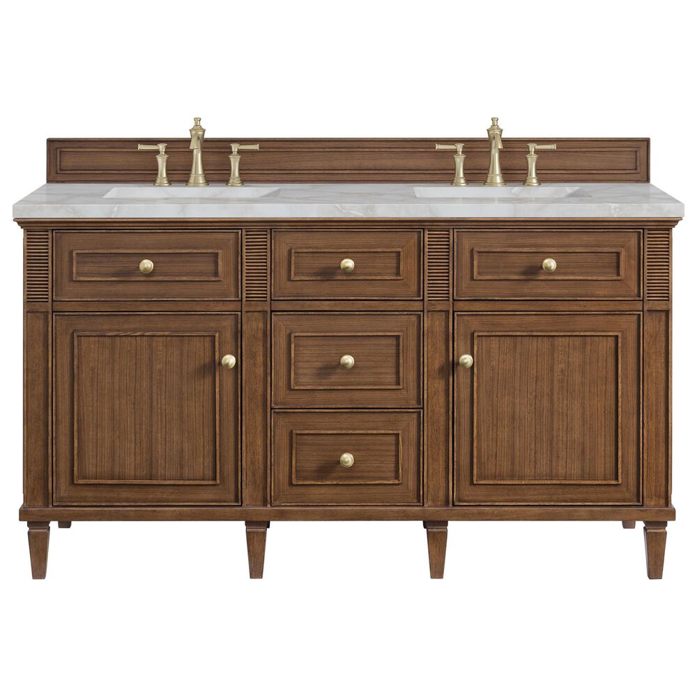 James Martin Vanities Lorelai 60" Double Bathroom Vanity in Mid-Century Walnut with 3 cm Eternal Jasmine Pearl Silestone Top, Rectangular Sinks and FreePower Wireless Charger, , large