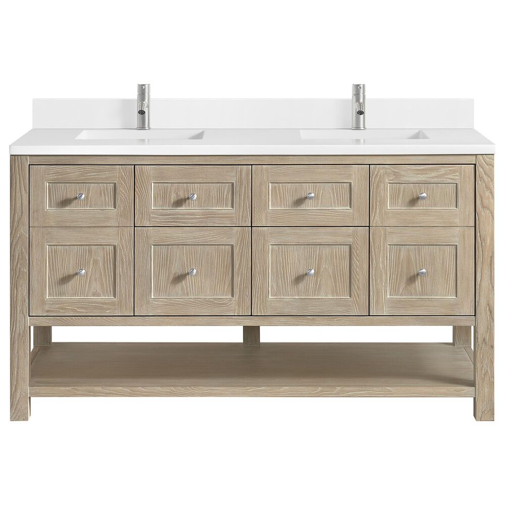 James Martin Vanities Breckenridge 60" Double Bathroom Vanity in Whitewashed Oak with Single Hole 3 cm White Zeus Quartz Top and Rectangular Sinks, , large
