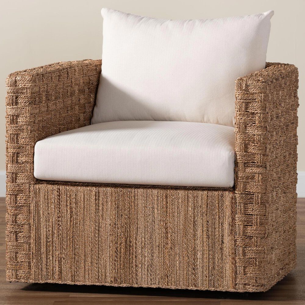 Baxton Studio Rhinos Seagrass Tuxedo Arm Chair in White, , large