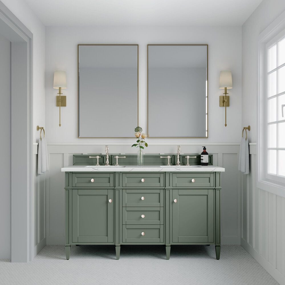 James Martin Vanities Brittany 60&quot; Double Bathroom Vanity in Smokey Celadon with 3 cm Ethereal Noctis Quartz Top and Rectangular Sinks, , large