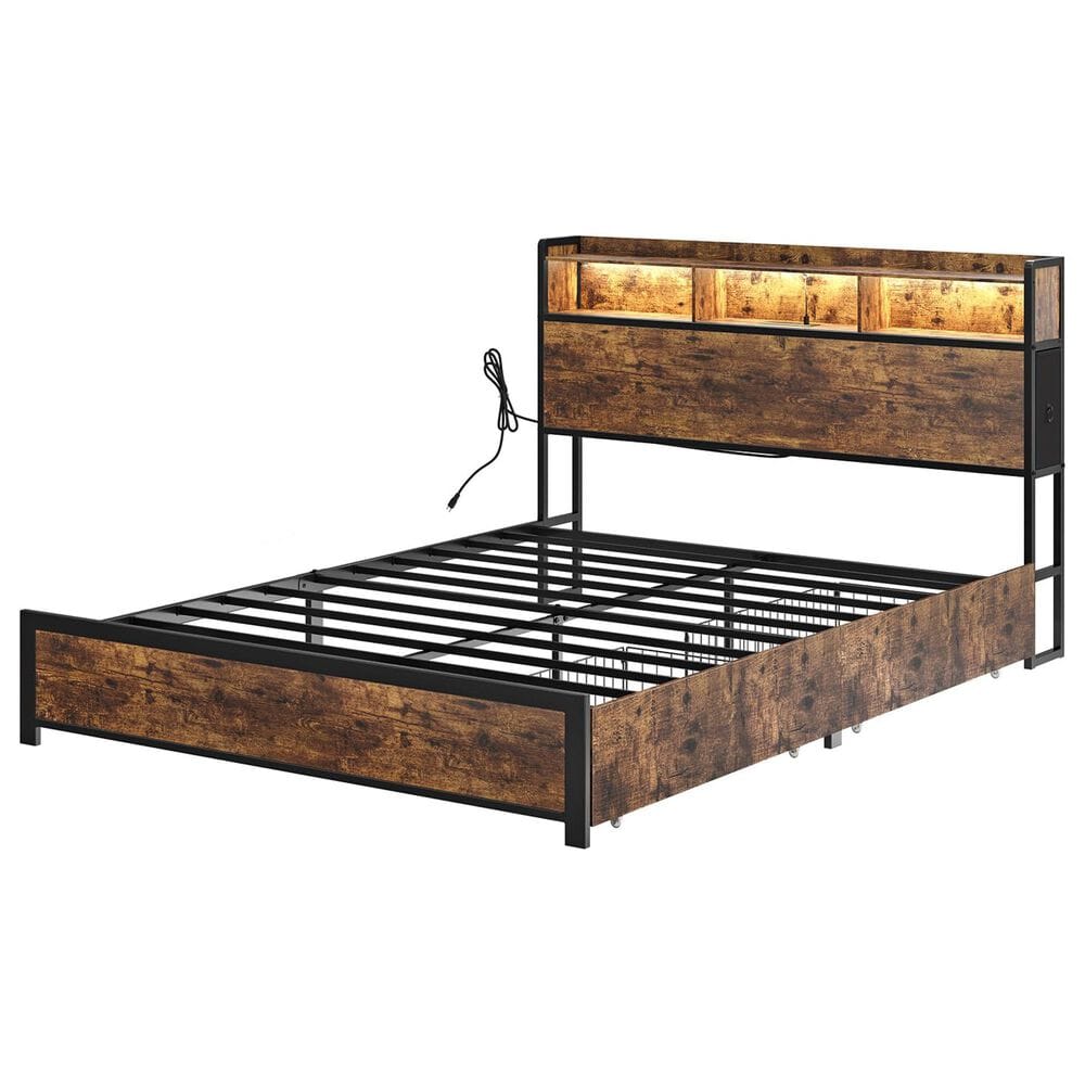 HOMLUX 4-Drawer Queen Storage Bed with LED Bookcase Headboard and Charging Station in Rustic Brown, , large