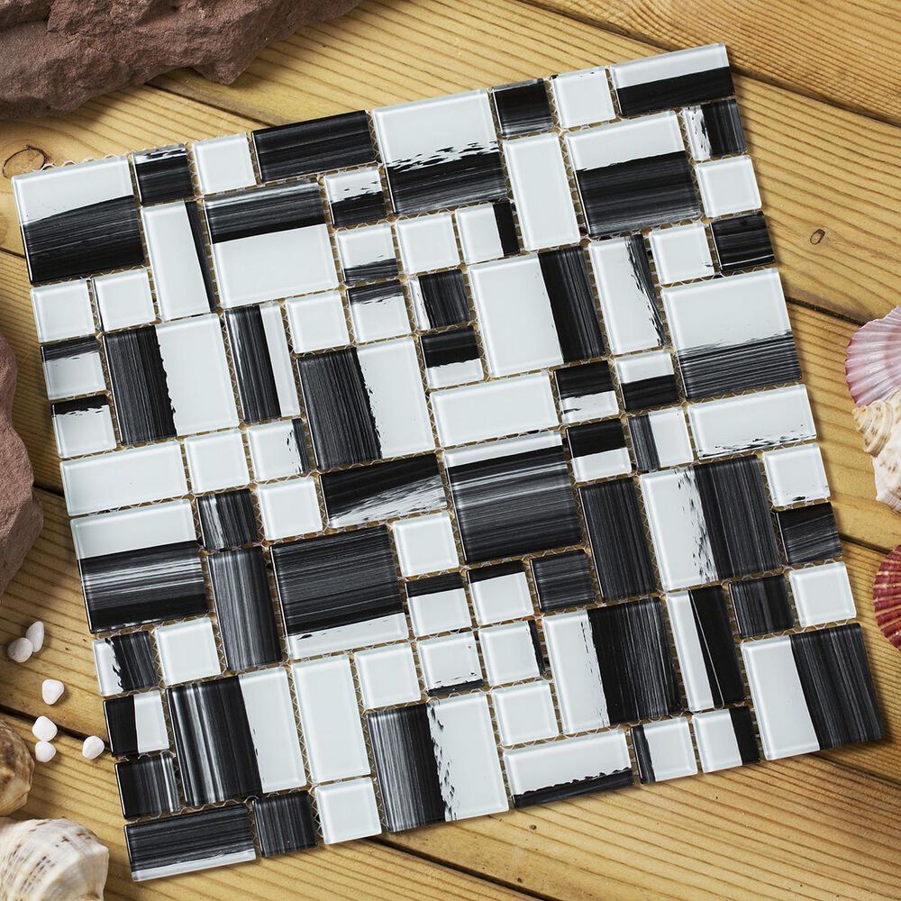 Mirrella Stella White and Black 12" x 12" Glass Mosaic Sheet, , large