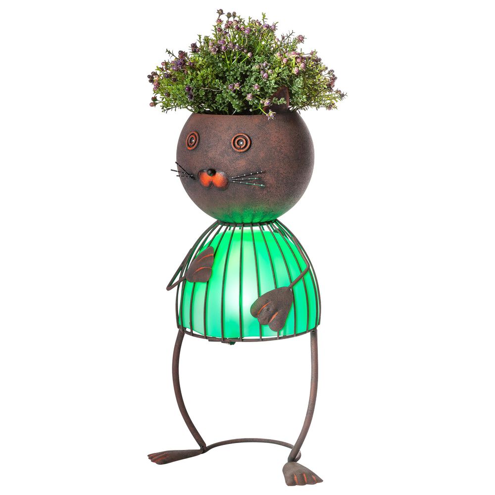 The Gerson Company 20.87" Solar Lighted Garden Cat Pot Head in Rustic Brown, , large
