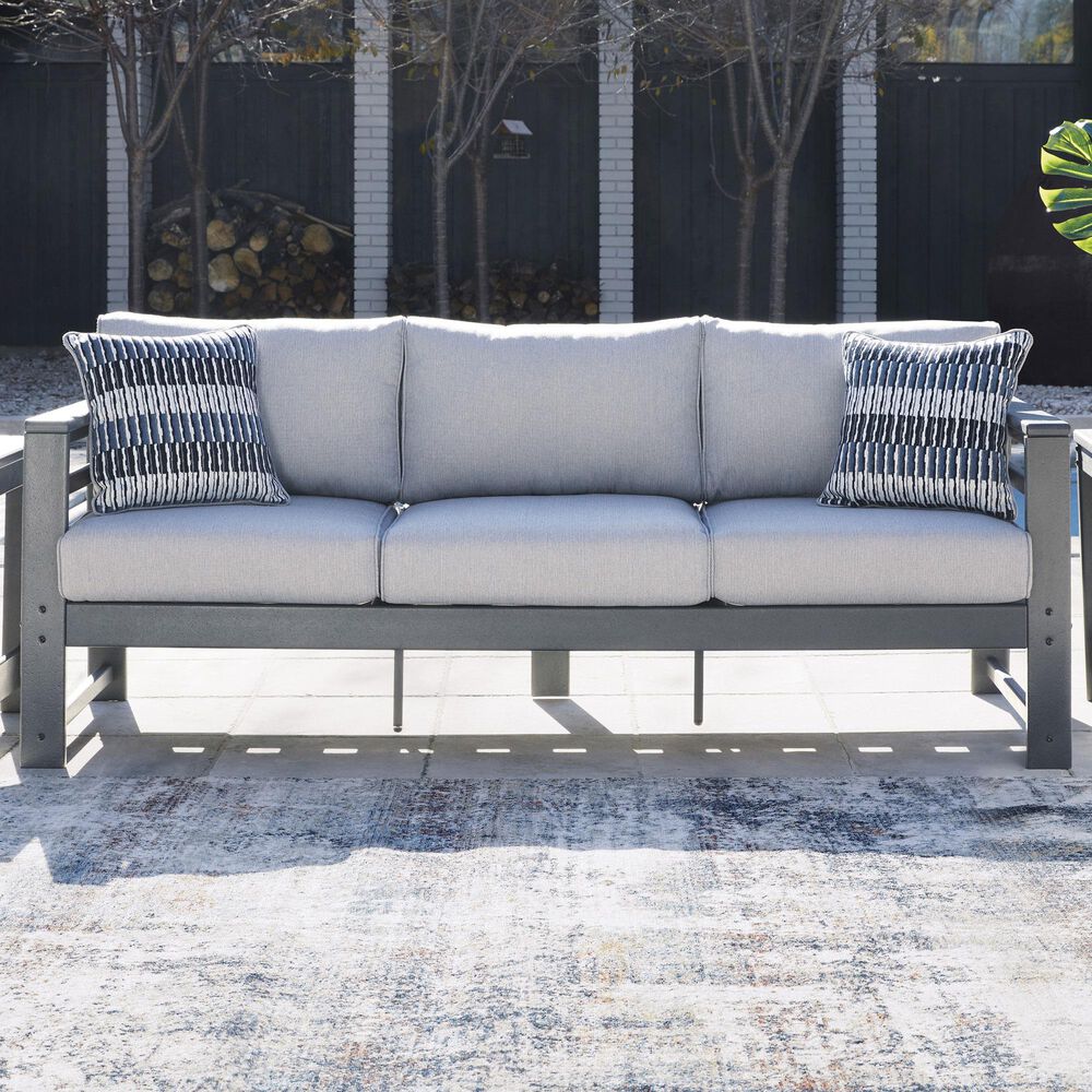 Ashley Amora Stationary Patio Sofa with Cushion in Light Gray, , large