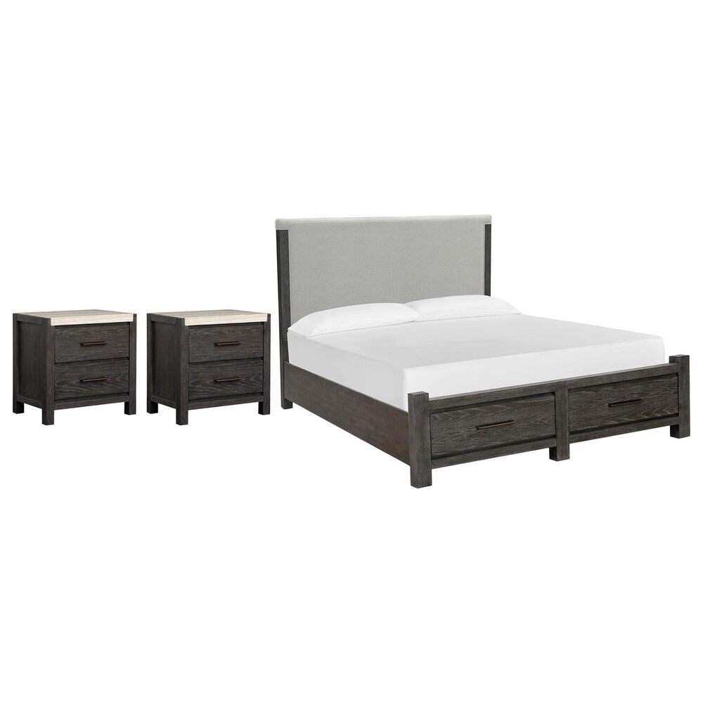Nicolette Home Plum Creek Queen Upholstered Storage Bed with Two Nightstands in Ravenwood Black, , large