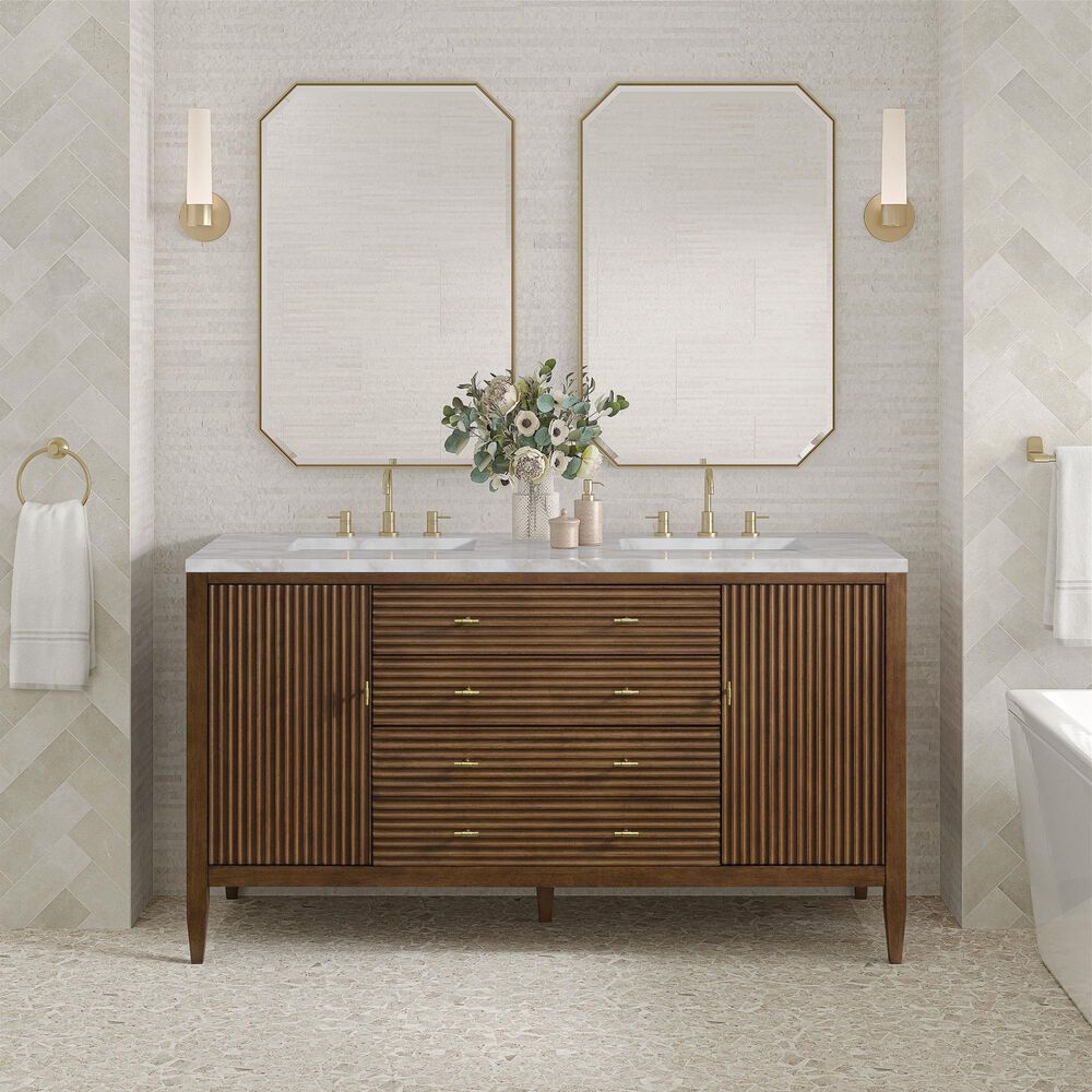 James Martin Vanities Myrrin 60" Double Bathroom Vanity in Mid-Century Walnut with 3 cm Eternal Jasmine Pearl Silestone Top, Rectangular Sinks and FreePower Wireless Charger, , large