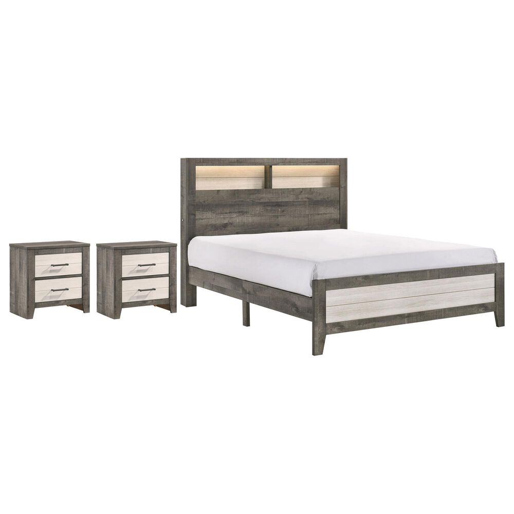 Crown Mark Rhett 3-Piece Queen Platform Bedroom Set with Two Nightstands in Gray and White, , large