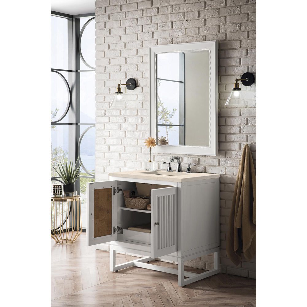 James Martin Vanities Athens 30&quot; Single Bathroom Vanity in Glossy White with 3 cm Carrara White Marble Top and Rectangular Sink, , large