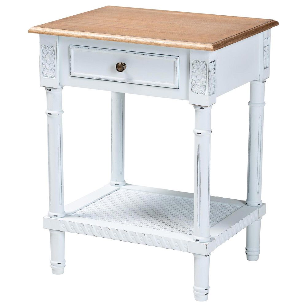 Baxton Studio Legrand 1-Drawer End Table in White and Natural Brown, , large