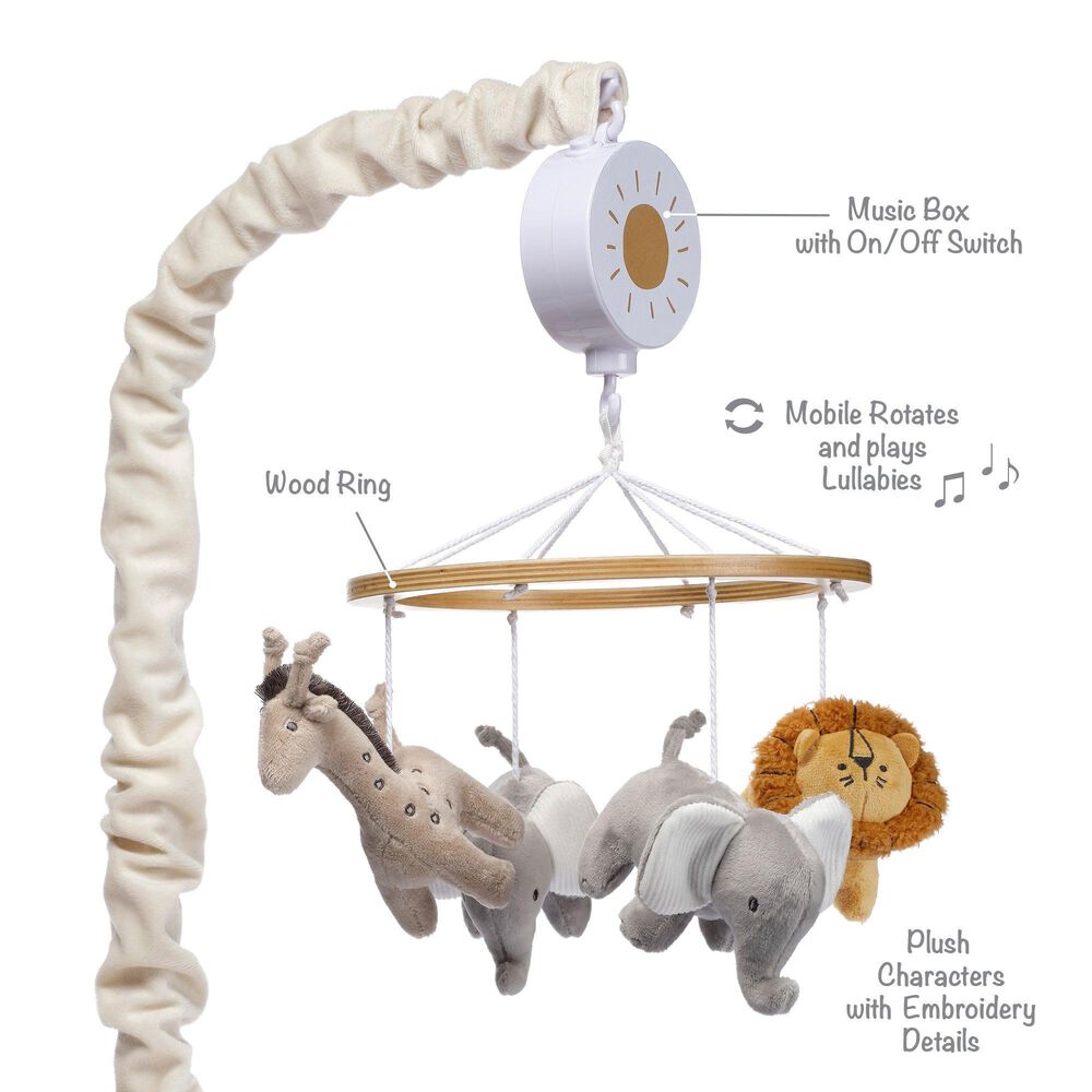 Lambs and Ivy Jungle Adventure Musical Baby Crib Mobile in Gray, Taupe and White, , large