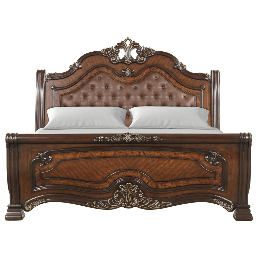 New Heritage Design Bella Note 5-Piece King Sleigh Bedroom Set in Mahogany Brown and Antique Gold, , large