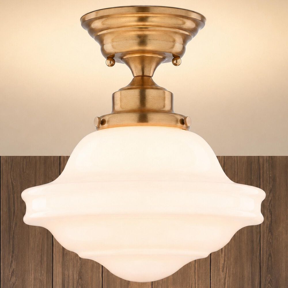 Vaxcel Huntley 10" 1-Light Semi Flush Mount with Milk Glass Shade in Natural Brass, , large