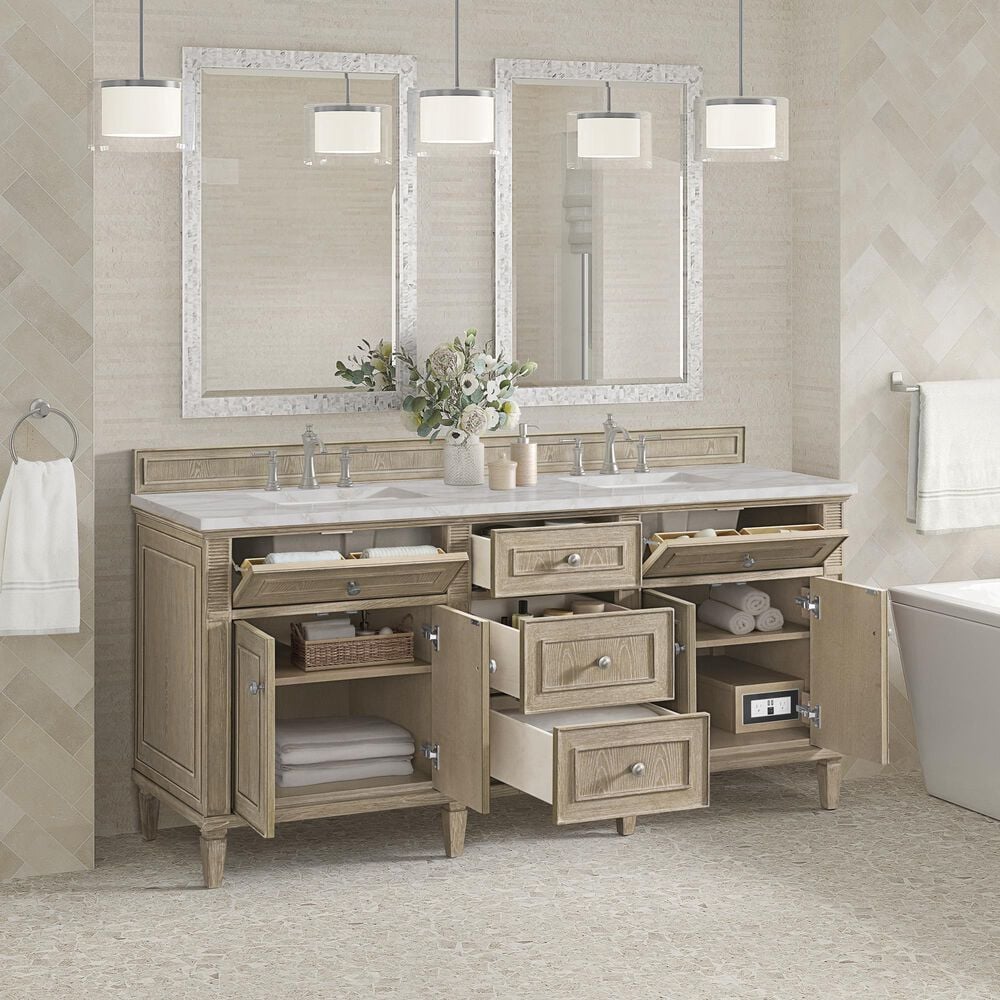James Martin Vanities Lorelai 72" Double Bathroom Vanity in Whitewashed Oak with 3 cm Eternal Jasmine Pearl Silestone Top, Rectangular Sinks and FreePower Wireless Charger, , large
