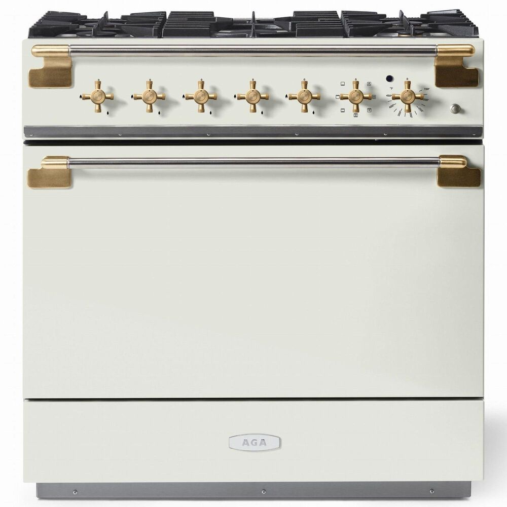 AGA Elise 36" Dual Fuel Range with Antique Brass Knobs in White, , large
