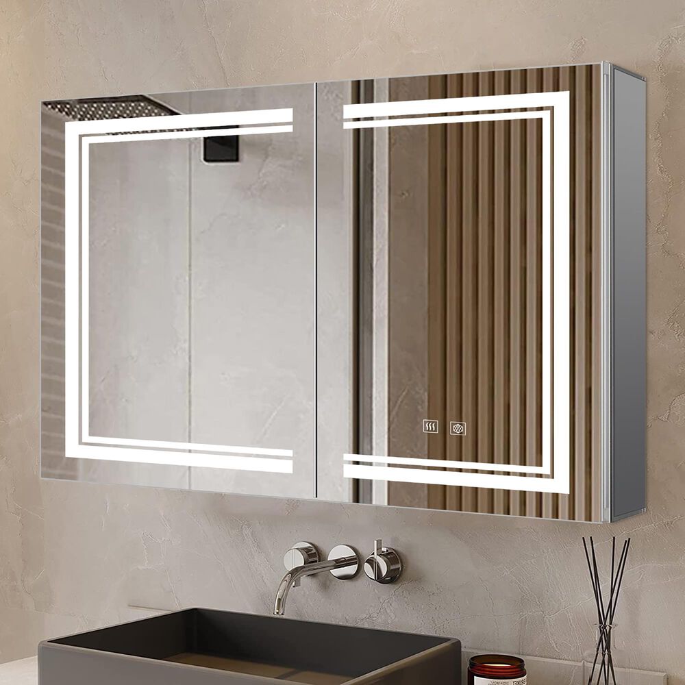 Lexora Home Mesa 40" x 28" LED Mirror Medicine Cabinet with Defogger in Aluminium, , large
