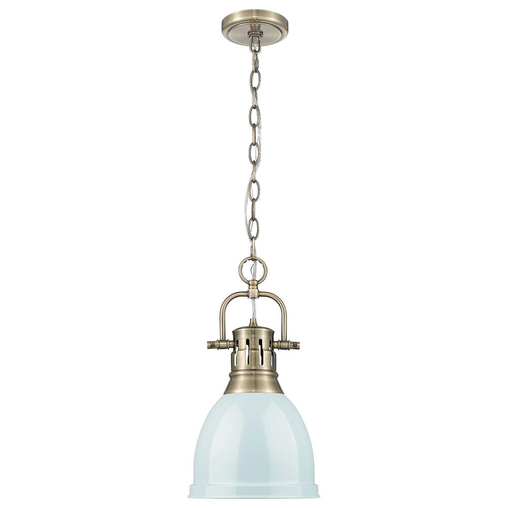 Golden Lighting Duncan 1-Light Small Pendant with Chain and Seafoam Shade in Aged Brass, , large
