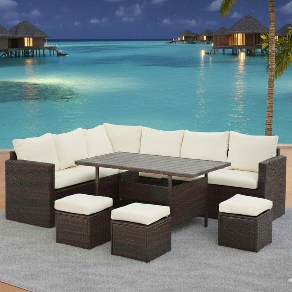 Hearth and Haven 7-Piece Outdoor Dining Set with Beige Cushion in Brown, , large