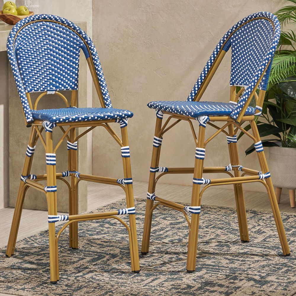 Hearth and Haven Outdoor Wicker French Barstool with Brown Aluminum Frame in Teal Blue (Set of 2), , large