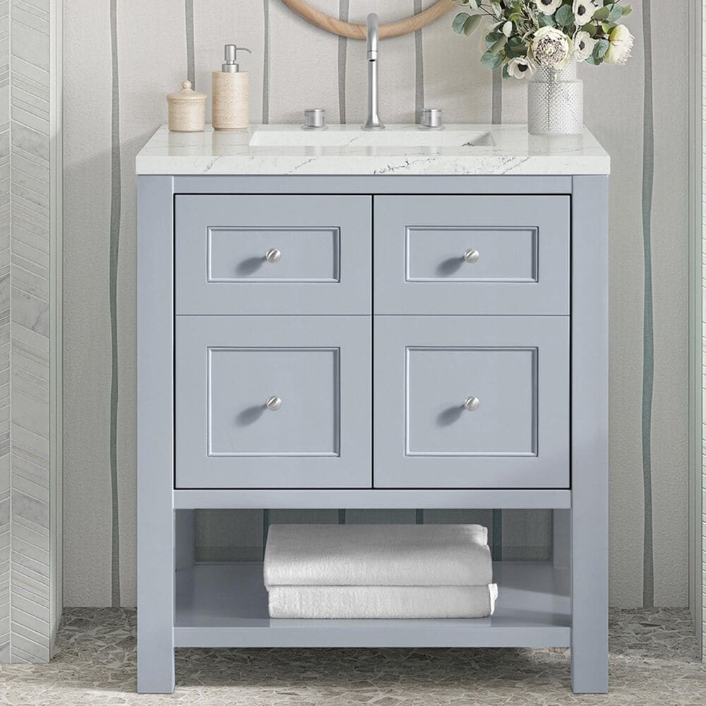 James Martin Vanities Breckenridge 30&quot; Single Bathroom Vanity in Serenity Blue with 3 cm Ethereal Noctis Quartz Top and Rectangular Sink, , large