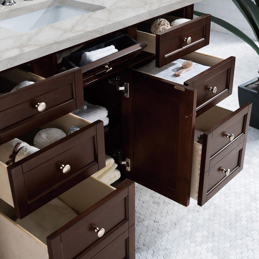 James Martin Vanities Brittany 48" Single Bathroom Vanity in Burnished Mahogany with 3 cm Eternal Jasmine Pearl Silestone Top, Rectangular Sink and FreePower Wireless Charger, , large