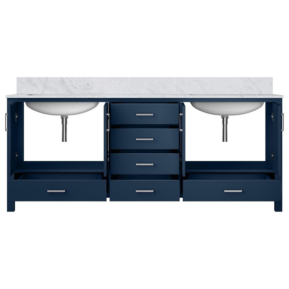 Lexora Home Jacques 80&quot; Double Bathroom Vanity in Navy Blue with 2 cm White Carrara Marble Top and Rectangular Sinks, , large