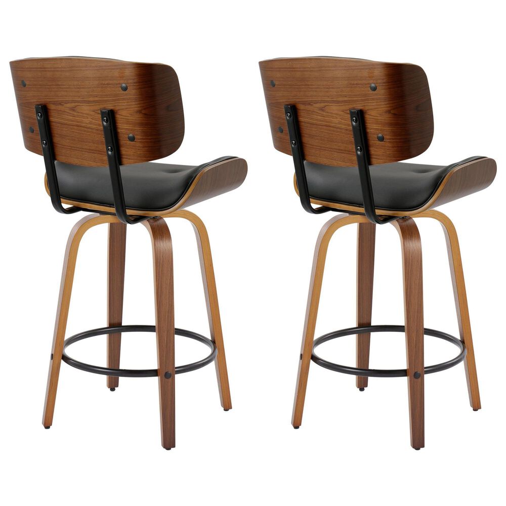 LumiSource Lombardi 26" Swivel Counter Stool with Black Faux Leather Upholstery in Walnut and Black (Set of 2), , large