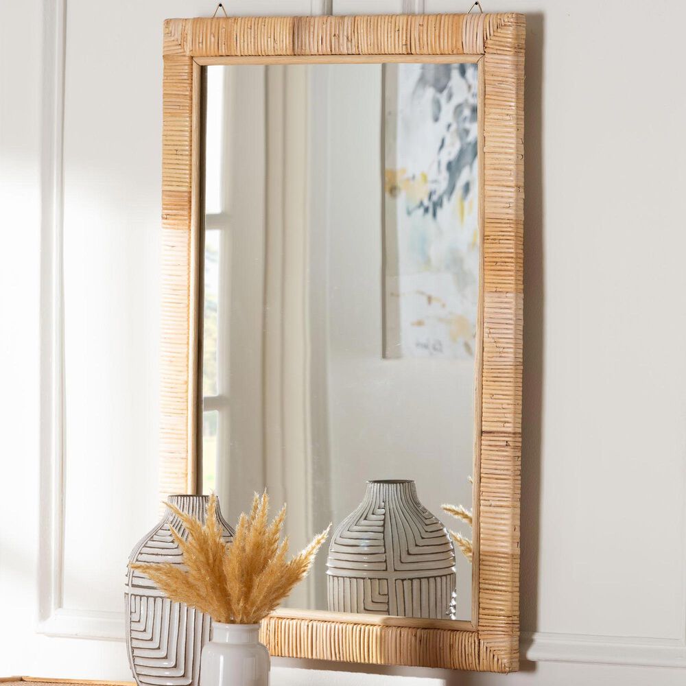bali &amp; pari Lankston Rattan Rectangular Accent Wall Mirror in Natural, , large