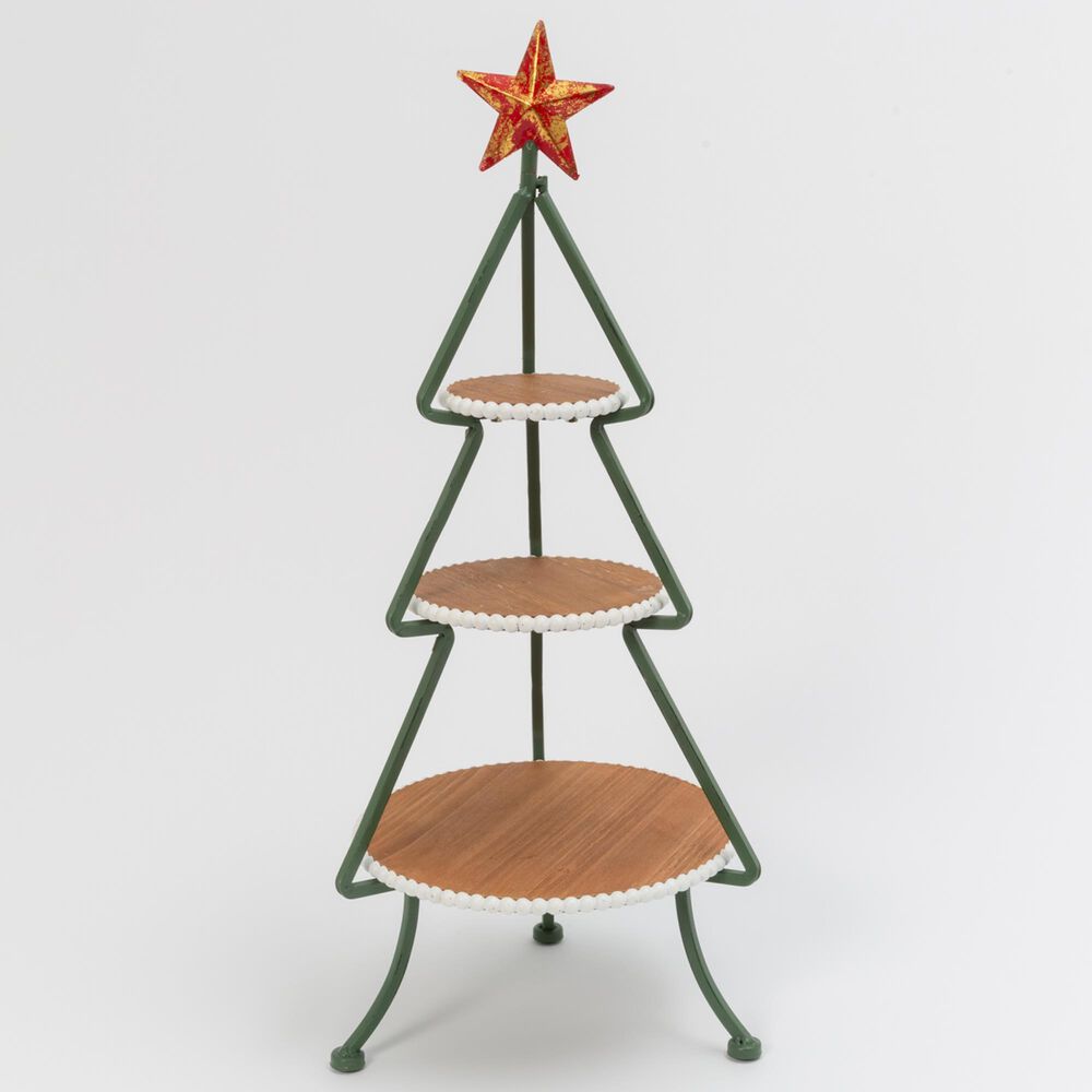 The Gerson Company 25.5" Metal and Wood Tree with 3-Tiered Tray in Silver and Green, , large