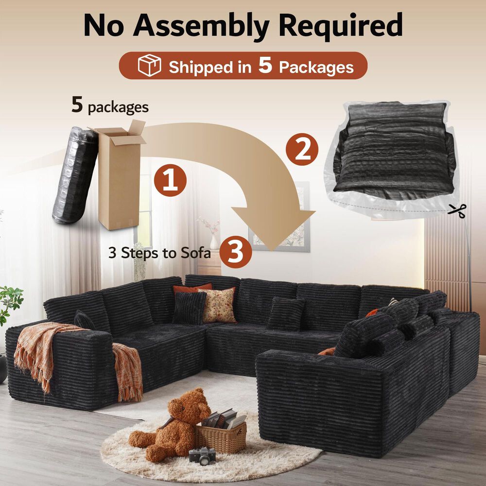 HOMLUX Modular Floor Sofa with Plush Corduroy, U-Shaped Sectional Couch with Chaise in Black, , large