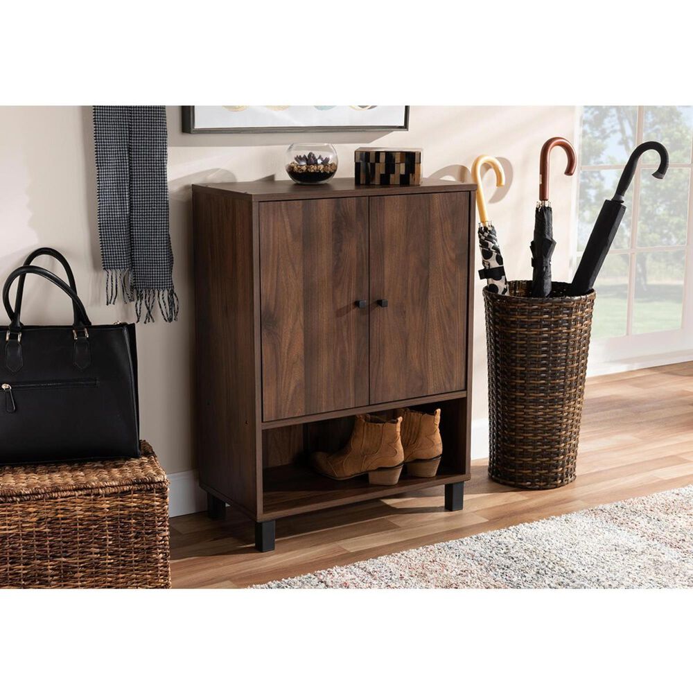 Baxton Studio Rossin 2-Door Entryway Shoe Storage Cabinet with Open Bottom Shelf in Walnut, , large