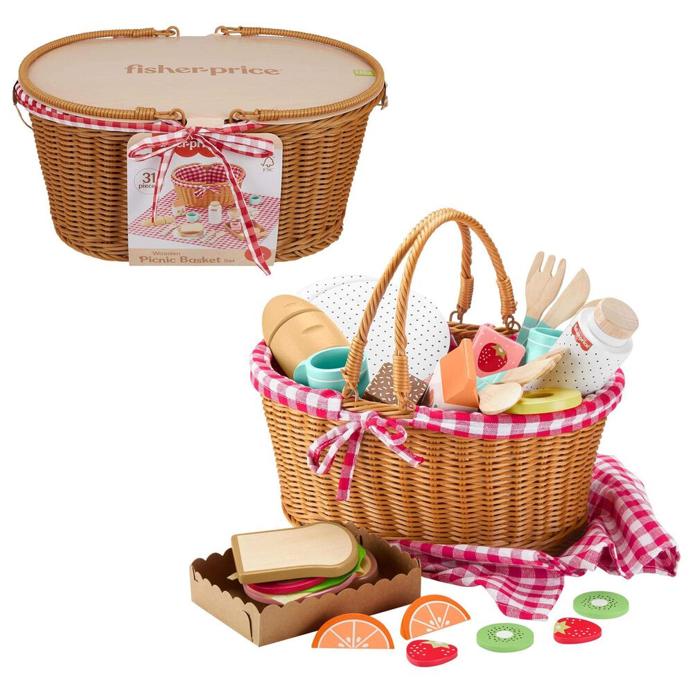 Fisher Price Wooden Picnic Basket and Food Pretend Play Set in Multicolor, , large