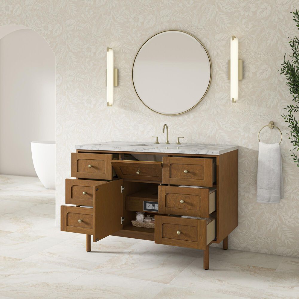 James Martin Laurent 48" Single Bathroom Vanity in Honey Oak with 3 cm Carrara Marble Top and Rectangular Sink, , large