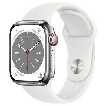 Apple Watch Series 8 GPS + Cellular 41mm Silver Stainless Steel Case with White Sport Band M/L and 2-Year AppleCare+, , large