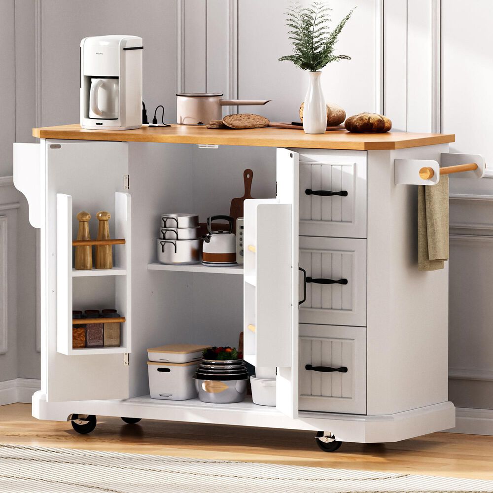 HOMLUX 56" Kitchen Island with Drop Leaf in White, , large