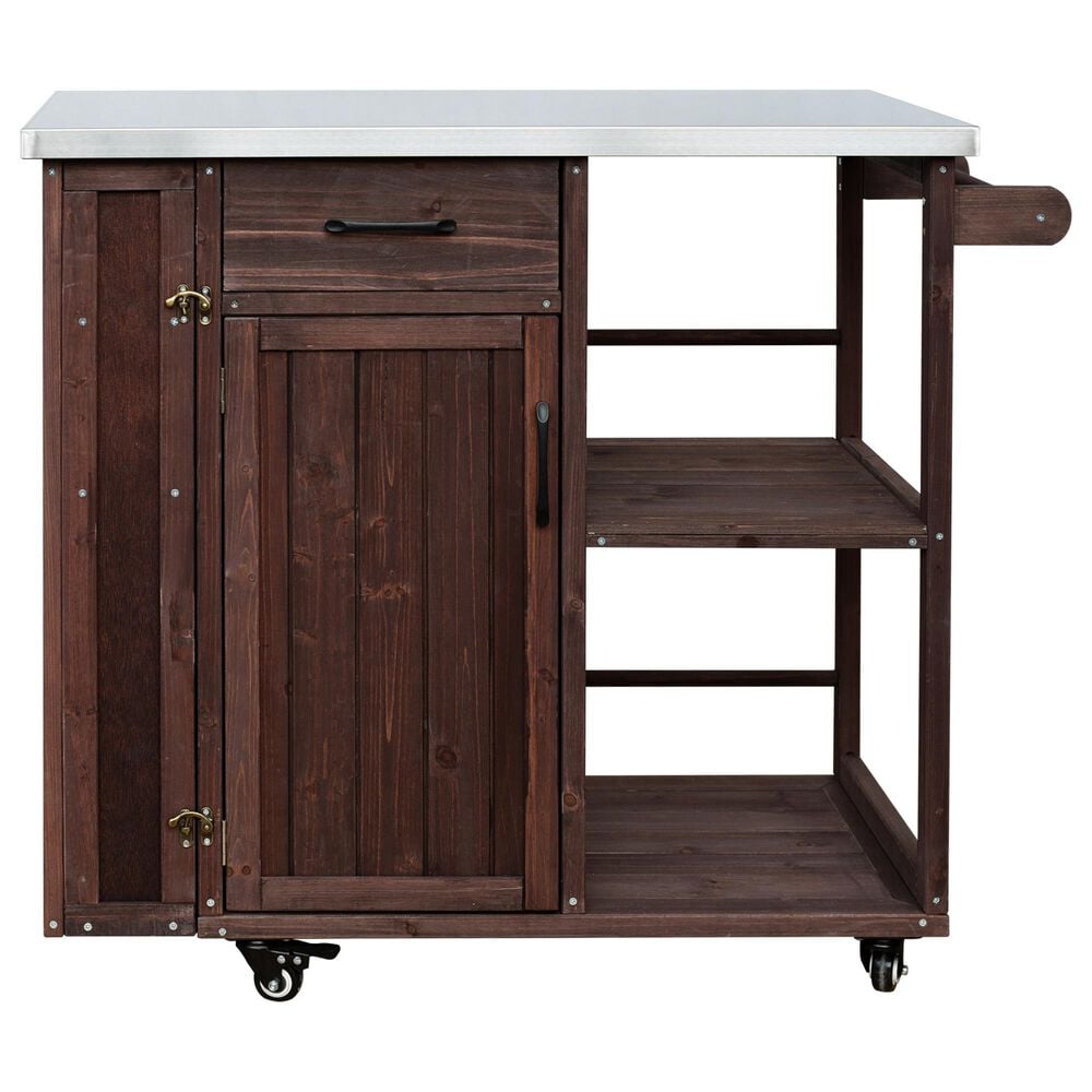 Hearth and Haven Outdoor Kitchen Island Cart with Stainless Steel Top, Towel and Spice Racks in Dark Brown, , large