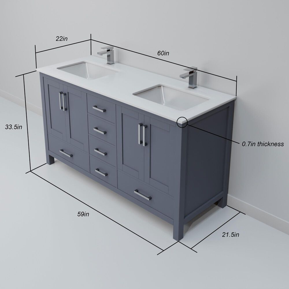 Lexora Home Jacques 60" Double Bathroom Vanity in Dark Grey with 2 cm White Quartz Top and Rectangular Sinks, , large