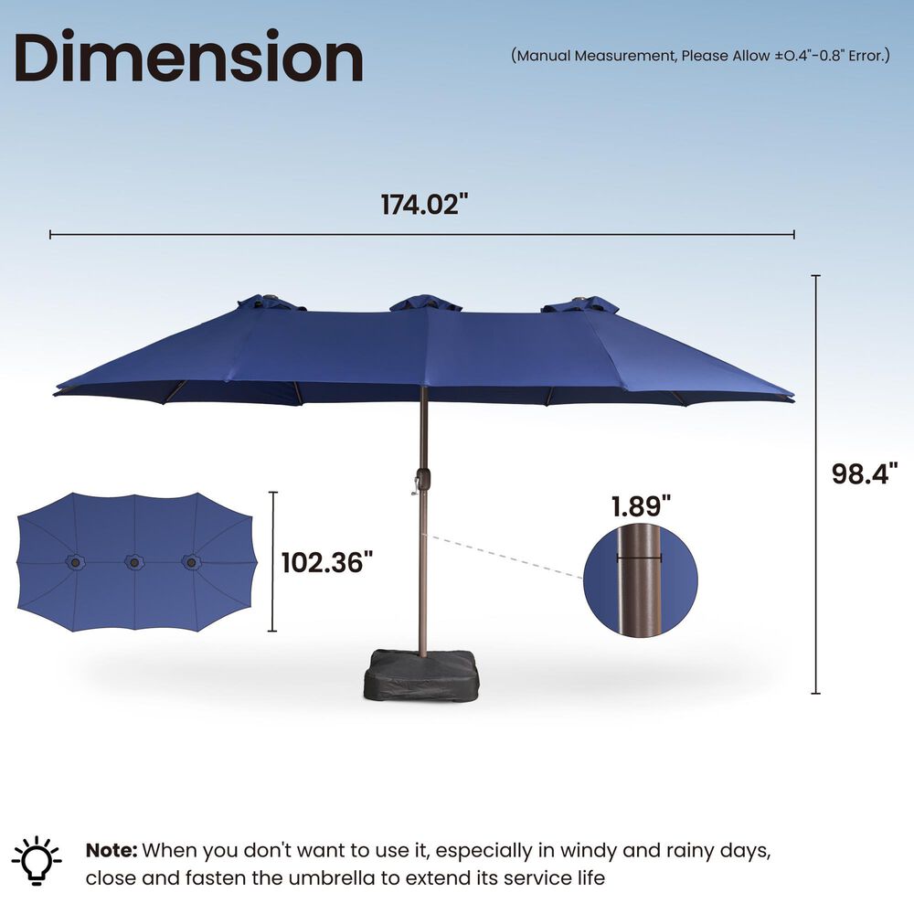 HOMLUX 15' Double-Sided Outdoor Market Umbrella with Sandbag Base in Royal Blue, , large