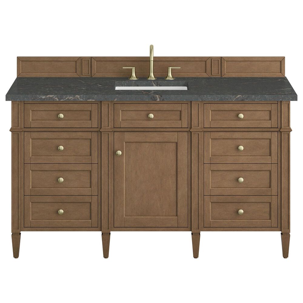 James Martin Brittany 60" Single Bathroom Vanity in Pecan with 3 cm Parisien Bleu Silestone Top, Rectangular Sink and FreePower Wireless Charger, , large