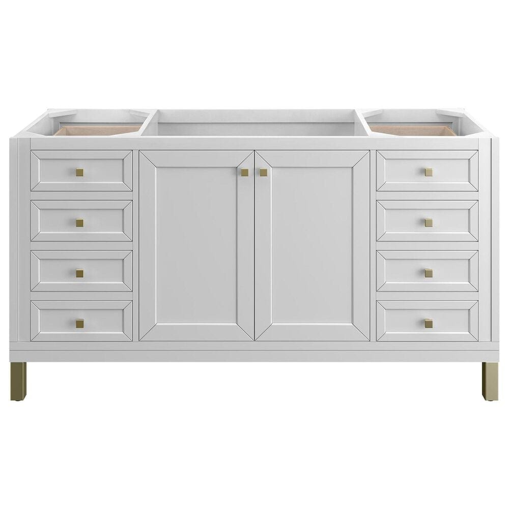 James Martin Vanities Chicago 60&quot; Double Bathroom Vanity in Glossy White with 3 cm Carrara White Marble Top and Rectangular Sinks, , large