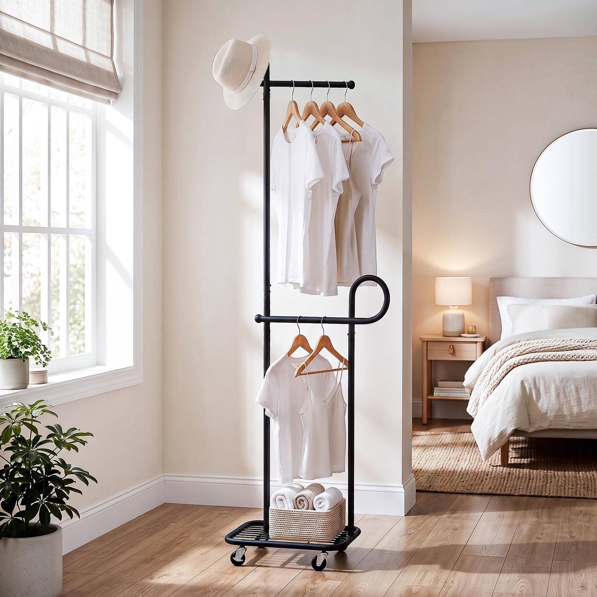 HOMLUX F-Shape Indoor Coat Rack with Lockable Wheeled Bases and
